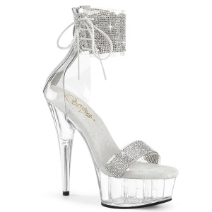 Silver 15 cm DELIGHT-627RS transparent platform high heels with ankle straps