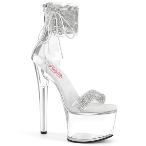 Silver 18 cm PASSION-727RS transparent platform high heels with ankle straps