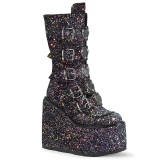 Glitter 14 cm SWING-G emo calf-high women boots platform with buckles black